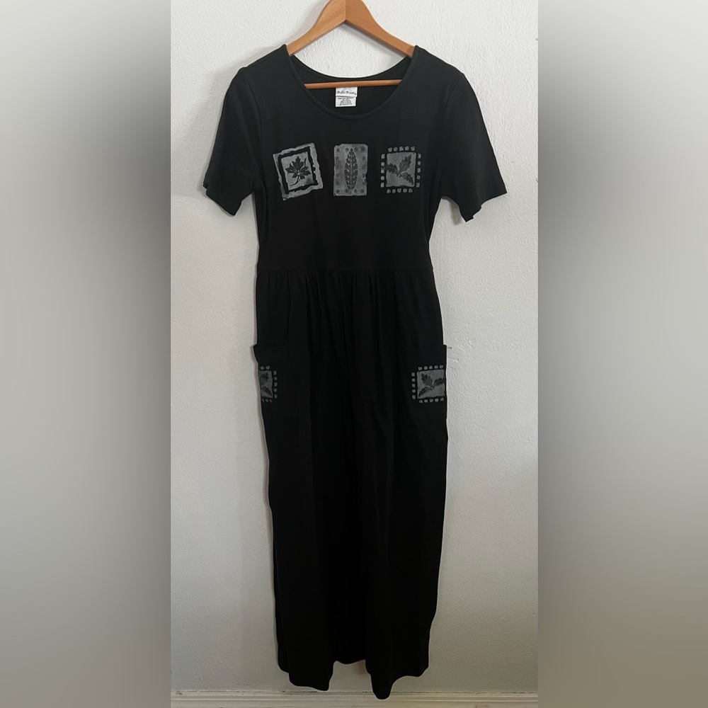 Bobbie Brooks 100% Cotton Vintage Black Maxi Dress Gray Fall Leafs Size Small